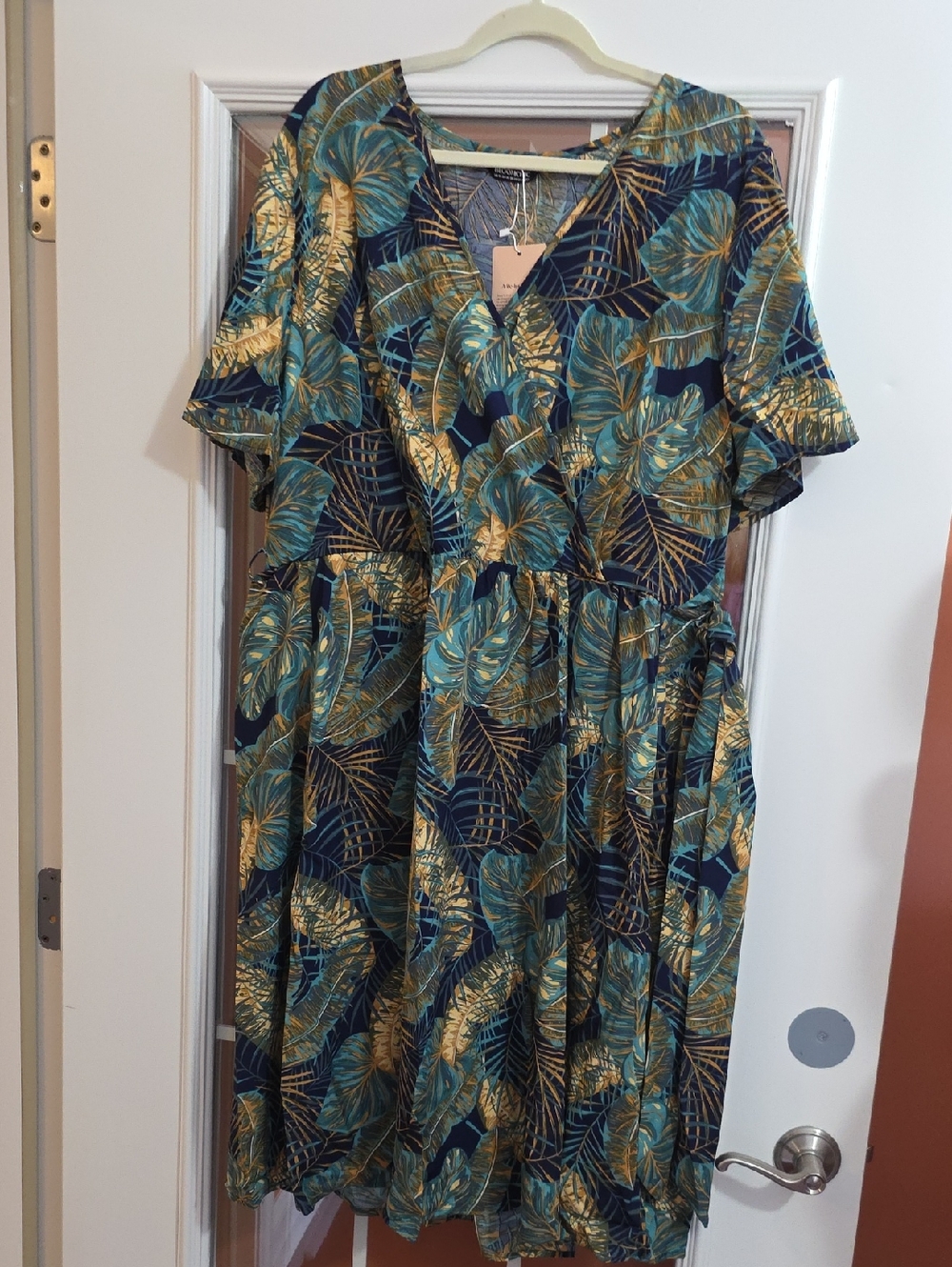 BloomChic Floral Tropical Print V-Neck Midi Dress - Teal & Gold